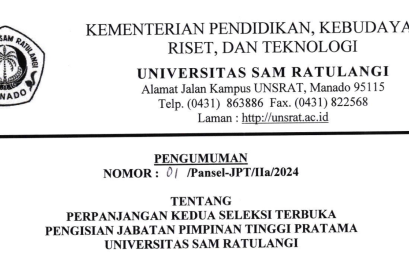 Pengumuman Perpanjangan Kedua Seleksi Terbuka Pengisian Jabatan Pimpinan Tinggi Pratama UNSRAT